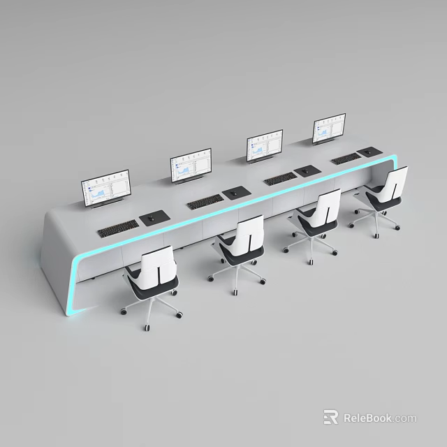Modern Office Desk Setup With Multiple Computer Monitors And Ergonomic Chairs 3d model