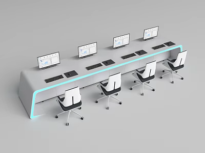 Modern Office Desk Setup With Multiple Computer Monitors And Ergonomic Chairs 3d model