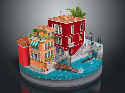 Venetian Style Building Model with Red Orange Facades Red Roofs Balconies Canal and Wooden Bridge 3d model