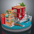 Venetian Style Building Model with Red Orange Facades Red Roofs Balconies Canal and Wooden Bridge