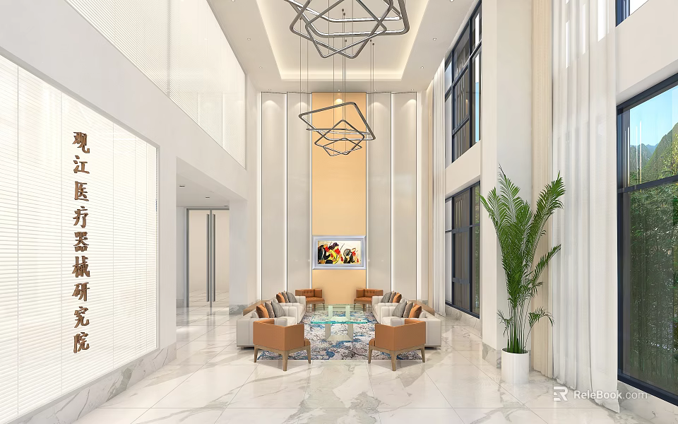 Modern Front Desk Reception Area In Spacious Lobby With Chandeliers Sofa Seating And Green Plant 3d model 