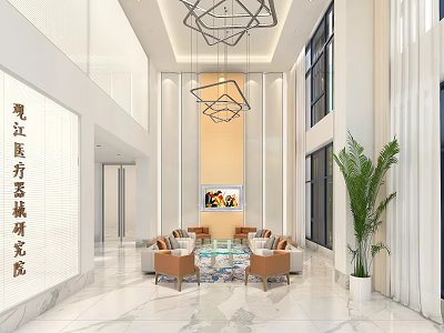 Modern Front Desk Reception Area In Spacious Lobby With Chandeliers Sofa Seating And Green Plant 3d model