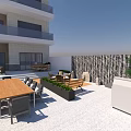 Terrace Garden Landscape With Wooden Deck Tables Chairs Green Plants And Stone Wall