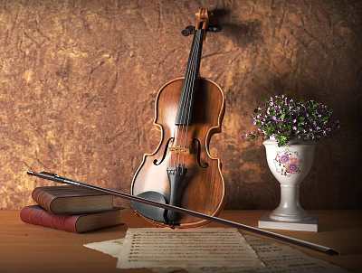 Violin with Bow Sheet Music and Purple Flowers on Wooden Table 3d model
