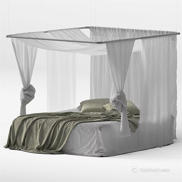Cozy Double Bed with White Canopy Green Blanket and Soft Pillows 3d model 