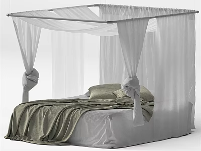 Cozy Double Bed with White Canopy Green Blanket and Soft Pillows 3d model