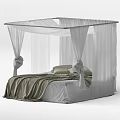 Cozy Double Bed with White Canopy Green Blanket and Soft Pillows 3d model