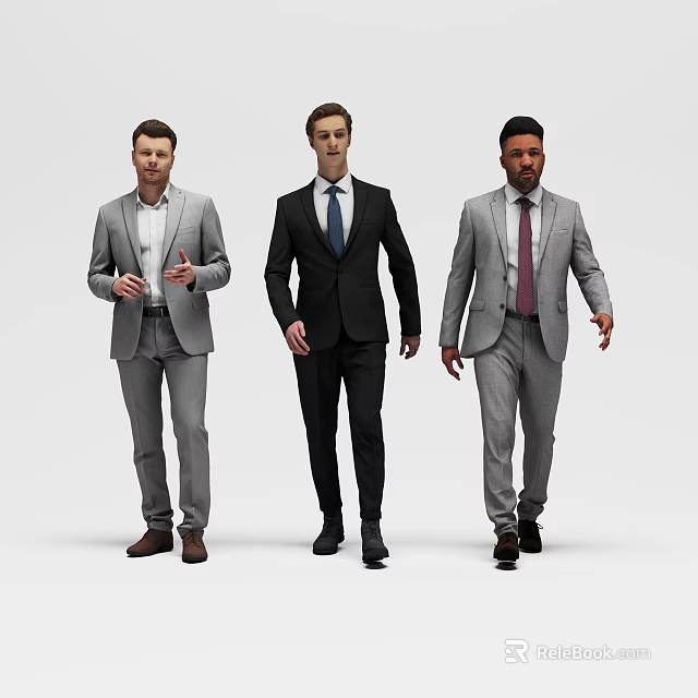 Three Men In Formal Business Suits Walking With Different Colored Ties And Jackets 3d model 
