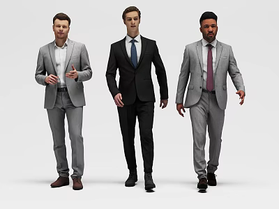 Three Men In Formal Business Suits Walking With Different Colored Ties And Jackets 3d model