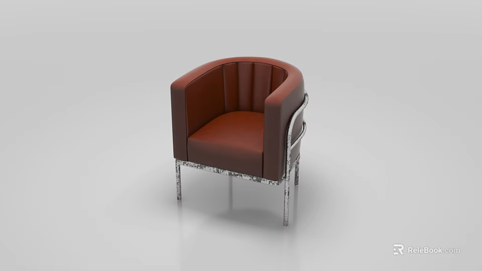 Modern Brown Leather Sofa Stool With Curved Armrest And Metal Legs Stitched Design 3d model 