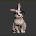 White Rabbit With Blue Glasses And Carrot In Mouth On Dark Reflective Background