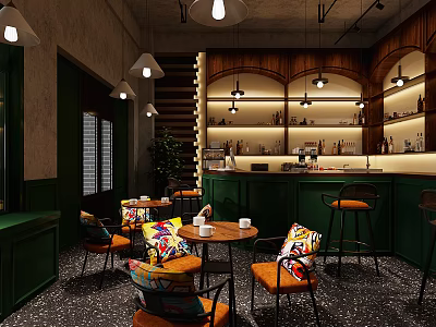 Modern Cafe Interior Design With Green Furniture Wooden Bar Hanging Lamps And Colorful Cushions 3d model