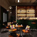 Modern Cafe Interior Design With Green Furniture Wooden Bar Hanging Lamps And Colorful Cushions
