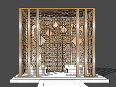 Elegant Modern Wooden Pavilion With Lattice Walls Geometric Patterns And Seating 3d model