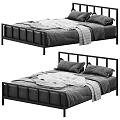 Modern Double Bed With Black Frame Grey Pillows And Faux Fur Blanket