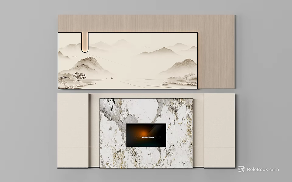 Interior Decorative Wall With Mountain Landscape Painting Marble Texture And Screen 3d model 