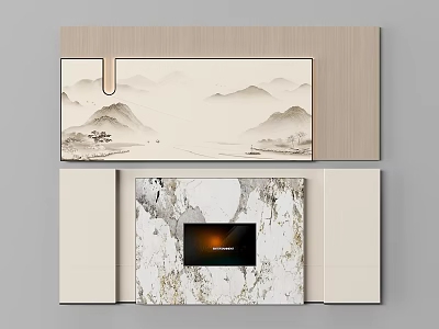 Interior Decorative Wall With Mountain Landscape Painting Marble Texture And Screen 3d model
