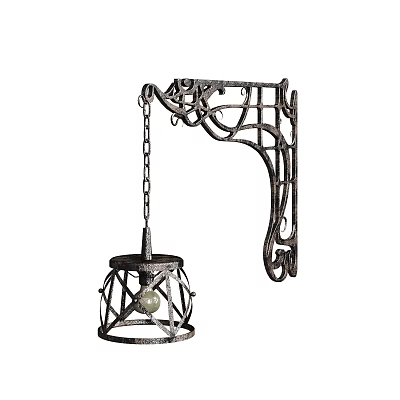Vintage Metal Wall Lamp Featuring Decorative Patterns Chain Design And Cage Shaped Lampshade 3d model