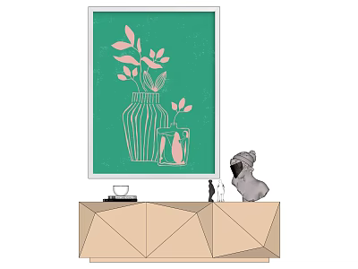 Beige Geometric Cabinet With Green Painting Pink Leaves Vase And Dog Figurine 3d model