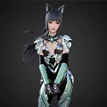 A Woman with Cat Ears and Long Hair in Futuristic Metallic Armor Green Accents 3d model