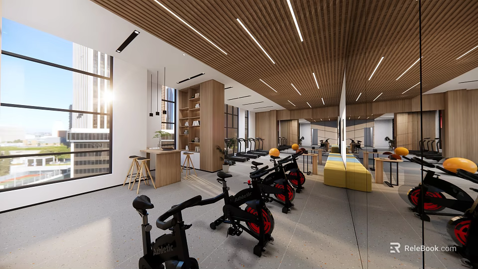 Modern Fitness Gym With Spinning Bikes Wooden Ceiling Large Windows And Yellow Lounge 3d model 