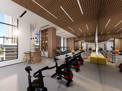 Modern Fitness Gym With Spinning Bikes Wooden Ceiling Large Windows And Yellow Lounge 3d model