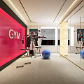 Modern Gym Interior With Red Wall GYM Sign Mirrors Fitness Equipment And Blue Exercise Ball