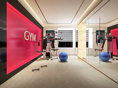 Modern Gym Interior With Red Wall GYM Sign Mirrors Fitness Equipment And Blue Exercise Ball 3d model