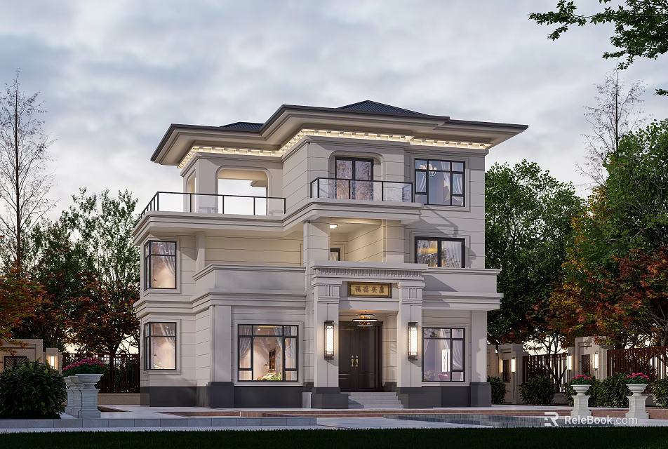Elegant Modern Detached Villa Exterior With Two Story Balcony Windows And Greenery 3d model 