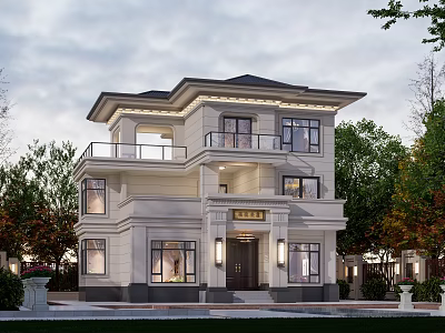 Elegant Modern Detached Villa Exterior With Two Story Balcony Windows And Greenery 3d model
