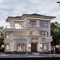 Elegant Modern Detached Villa Exterior With Two Story Balcony Windows And Greenery