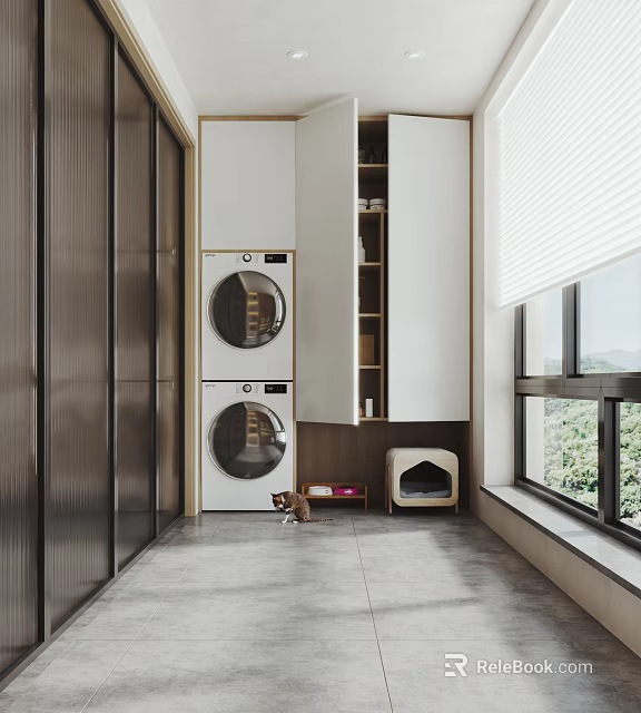 Home Balcony With Double Washing Machines Storage Cabinet Cat Bed Window Blinds And Green Plants 3d model 