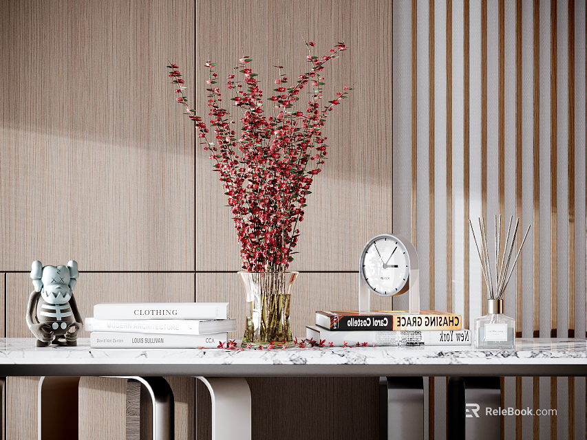 Decorative Ornament Combination With Red Flowering Branches Vase Clock Aromatherapy Sticks Books And Figurine 3d model 