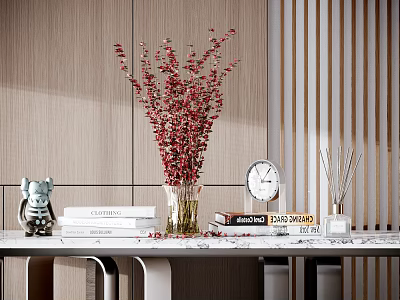 Decorative Ornament Combination With Red Flowering Branches Vase Clock Aromatherapy Sticks Books And Figurine 3d model