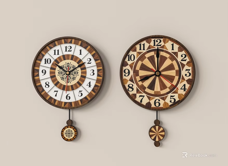 Wooden Wall Clocks With Decorative Patterns And Pendulums On White Wall 3d model
