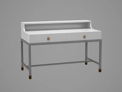 White Desk Featuring Two Drawers Gold Handles And Metal Legs 3d model