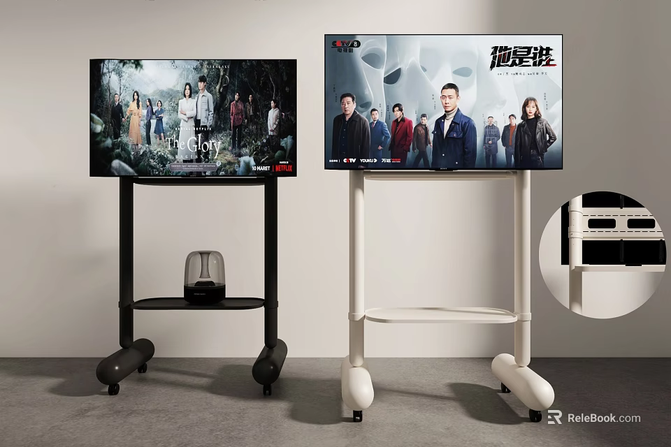 Modern TVs on Black and White Mobile Rolling Stands with Storage Shelf 3d model 