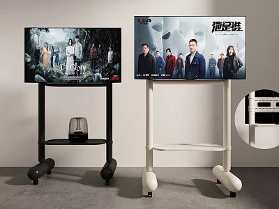 Modern TVs on Black and White Mobile Rolling Stands with Storage Shelf 3d model