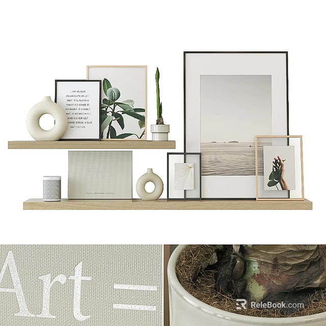 Minimalist Modern Home Shelf Decorative Ornament Set With Framed Pictures Potted Plant And Circular Decor 3d model 