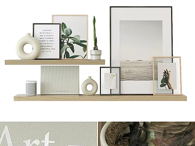 Minimalist Modern Home Shelf Decorative Ornament Set With Framed Pictures Potted Plant And Circular Decor 3d model