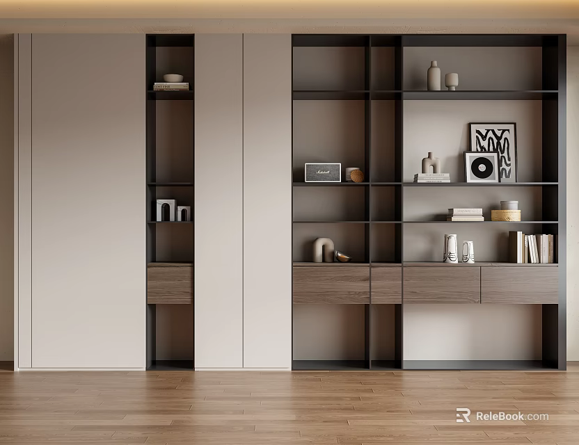 Modern Decorative Cabinet Featuring Open Shelves Drawers And Decorative Items In Neutral Tones 3d model 