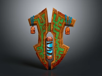 Decorative Shield With Green Orange Geometric Patterns Blue White Spiral And Hanging Bells 3d model