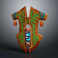 Decorative Shield With Green Orange Geometric Patterns Blue White Spiral And Hanging Bells