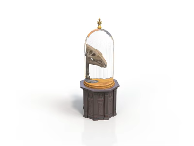 Decorative Wooden Display Stand with Glass Dome Enclosing Animal Skull and Ornate Base Design 3d model