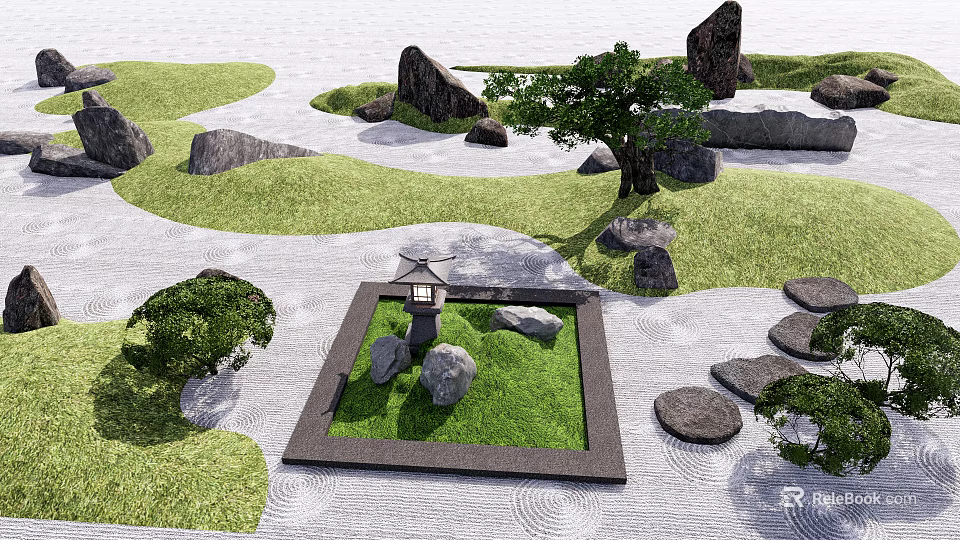 Japanese Garden Ornament With Stone Lantern Gravel Path And Green Lawn 3d model 