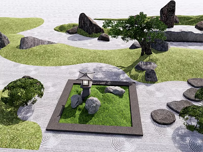 Japanese Garden Ornament With Stone Lantern Gravel Path And Green Lawn 3d model