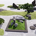 Japanese Garden Ornament With Stone Lantern Gravel Path And Green Lawn