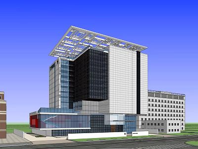 Modern Museum Building With Glass Curtain Walls And Grid Roof Structure Among Surrounding Urban Architecture 3d model