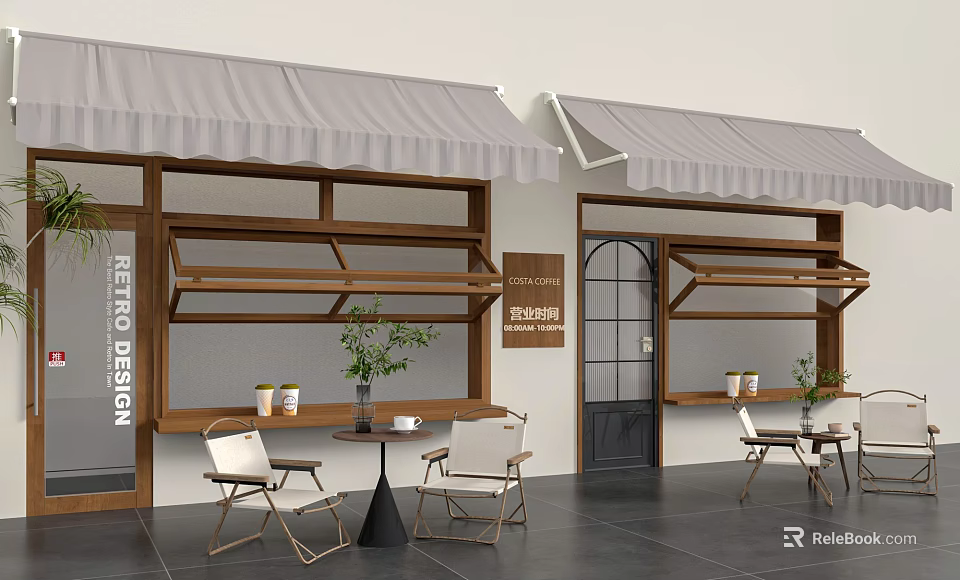 Retro Design Store Exterior With White Awnings Wooden Shelves And Outdoor Seating 3d model 