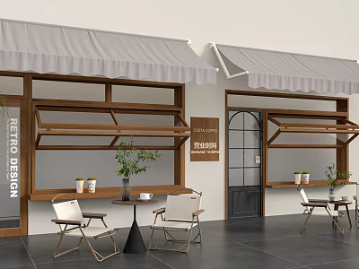 Retro Design Store Exterior With White Awnings Wooden Shelves And Outdoor Seating 3d model